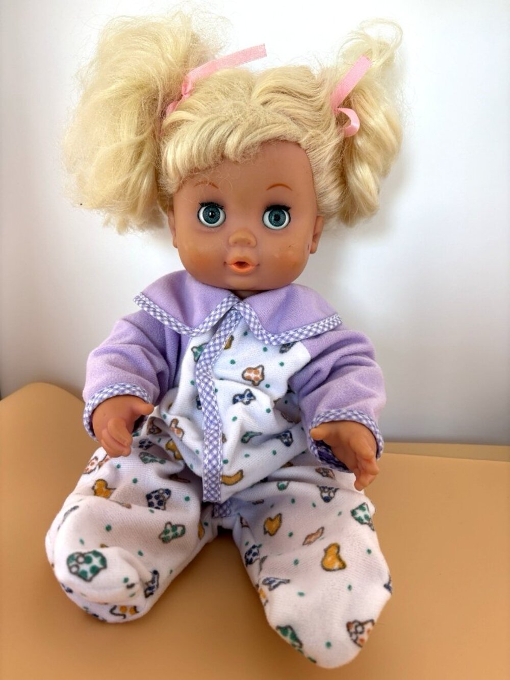 Blonde pigtails Baby Doll 12" blue sleep eyes open mouth drink wet vinyl bo